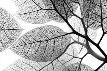 Obraz premium A striking black and white photograph showcases the intricate vein structure of dried leaves against a bright white background, creating an abstract and delicate composition.