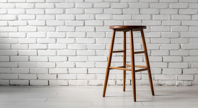 A wooden bar stool stands prominently against a textured white brick wall, creating a simple and modern interior scene.