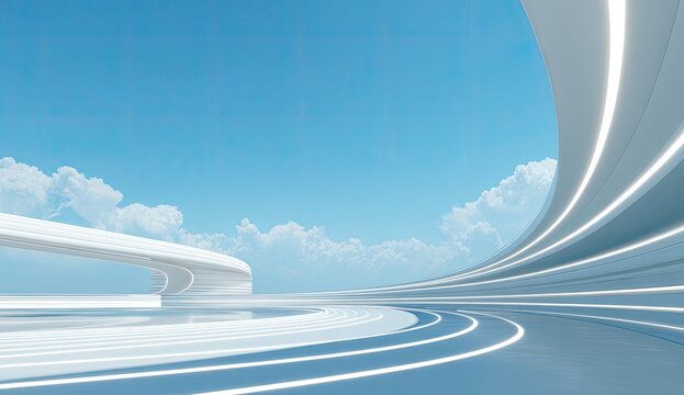 A futuristic architectural rendering showcases flowing white structures against a vibrant blue sky dotted with fluffy clouds, creating a serene and otherworldly atmosphere.