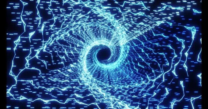 Luminous particles and thin lines twist into an endless spiral, forming a deep abstract tunnel. The dynamic rotation of the complex geometric structure creates the effect of a rapid flight through dig