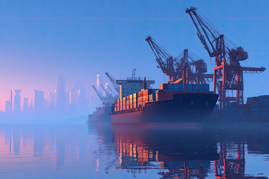A large container ship docks at a bustling port at twilight, silhouetted against a distant cityscape and illuminated by vibrant red and blue hues.