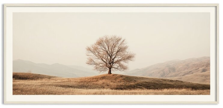 Solitary bare tree stands on a grassy hill in a misty landscape.