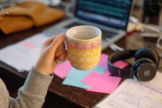 Person holding coffee mug at desk with laptop and headphones.