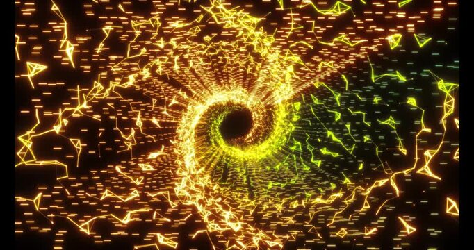 Luminous particles and thin lines twist into an endless spiral, forming a deep abstract tunnel. The dynamic rotation of the complex geometric structure creates the effect of a rapid flight through dig