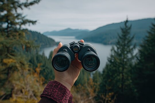 Hand Holding Binoculars Overlooking Scenic Mountain Lake Landscape.