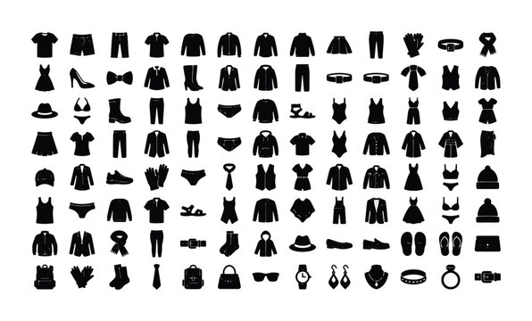 Minimalist clothing icons set, black silhouette apparel and fashion accessories collection, 112 vector garment symbols for retail and e-commerce