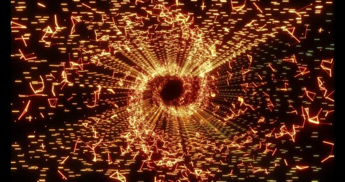 Luminous particles and thin lines twist into an endless spiral, forming a deep abstract tunnel. The dynamic rotation of the complex geometric structure creates the effect of a rapid flight through dig
