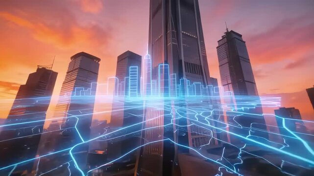 Initiating neon-blue line, hologram rising above rooftop at dusk near glass tower, mapping parcels