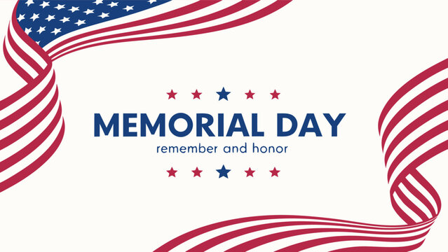 Memorial Day design with waving United States flag and hand lettering on patriotic banner background vector illustration.