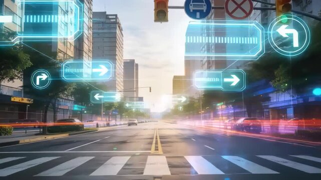 Showing AR nav panels mapping lanes from crosswalk while amber light flashing showing traffic