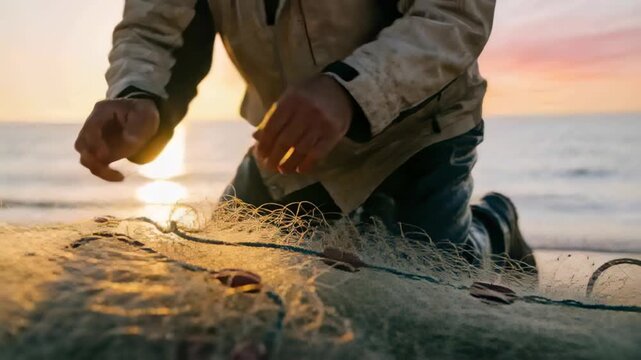 Fisherman spotting torn mesh, kneeling and repairing fishing net with rope and floats under low sun