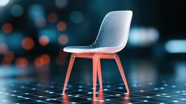 Futuristic transparent chair design with red accents and digital elements