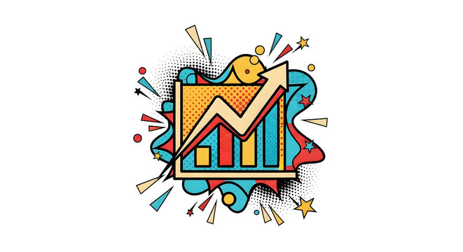 Business growth chart with an upward trend arrow and increasing bars in a dynamic comic explosion