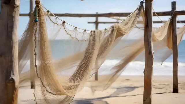 Billowing fishing nets on wood posts, ropes, floats catching light onshore breeze at shore to dry