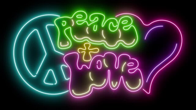 Peace and love glowing neon sign seamless loop animation on uniform background for easy blending