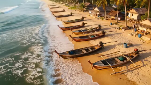 Panning drone following incoming swell, revealing long tail fishing boats on sandy tropical shore