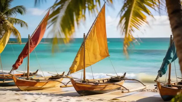 Fluttering red yellow blue sails on three outrigger boats responding to onshore breeze at beach