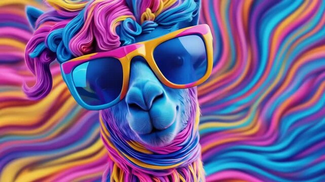 Colorful llama wearing vibrant sunglasses in psychedelic art style