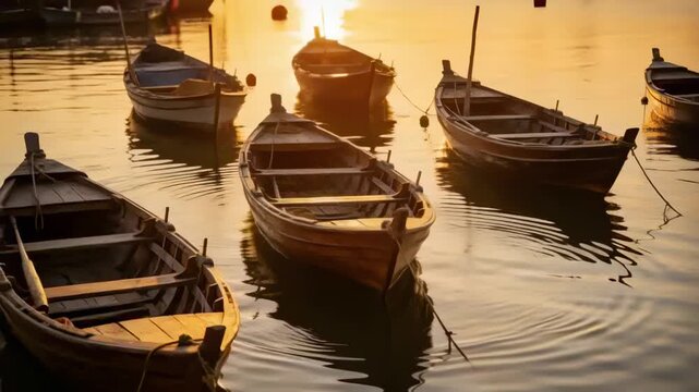 Bobbing central wooden rowboat rocking from ripples in harbor at low sun, with mooring ropes