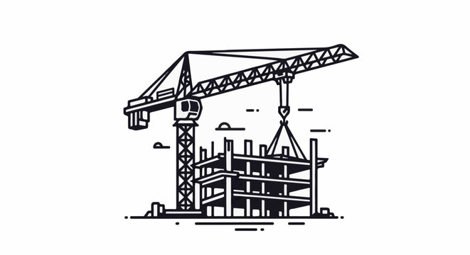 Black and white illustration of a construction crane assembling a building
