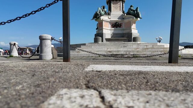 Drone perspective of David statue replica overlooking Florence from Piazzale Michelangelo
