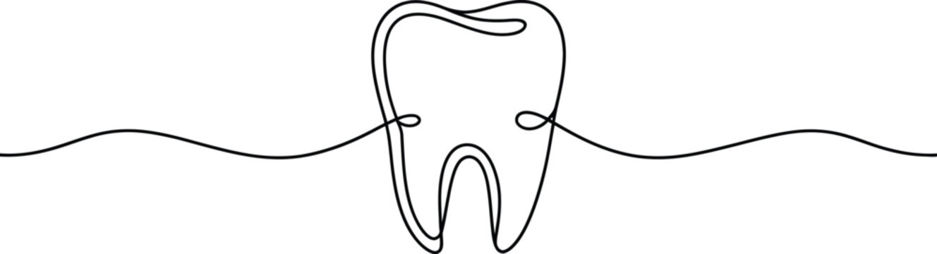 Minimalist single line drawing of a tooth connected to wavy lines illustration