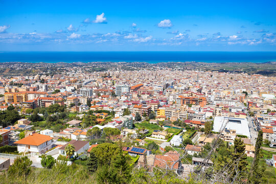 Alcamo town centre aerial panoramic view, Sicily