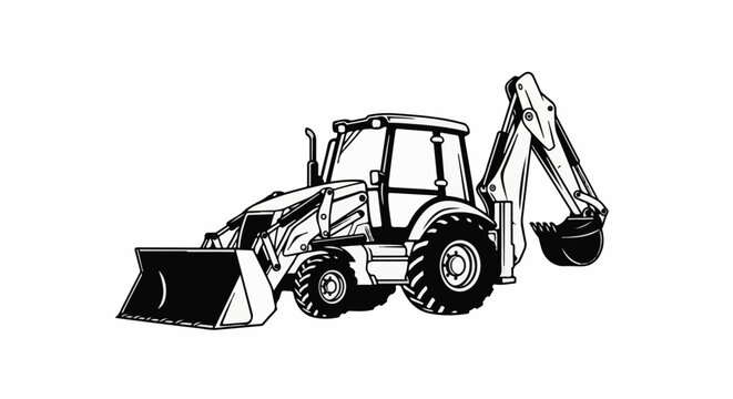 Black and white illustration of a front loader and backhoe digger