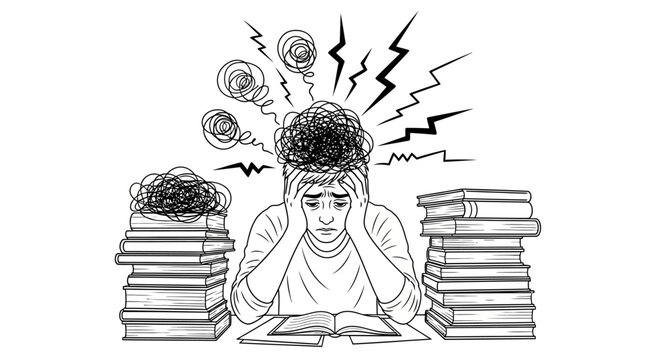 Overwhelmed student, stressed person, frustrated with books, study problems, education anxiety, eps vector