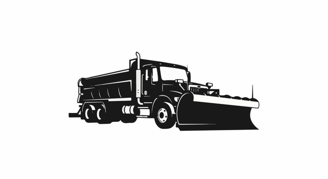 Black and white illustration of a heavy-duty dump truck with a snow plow attachment