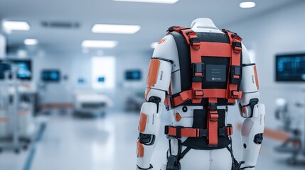 Fototapeta premium Rear view of a hightech medical exoskeleton suit worn by a mannequin in a modern hospital room, representing advanced rehabilitation technology and robotic assistance for physical therapy