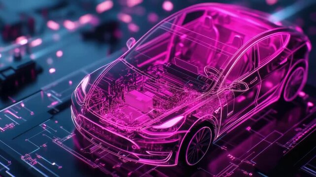 Futuristic neon pink transparent electric car design on circuit board background