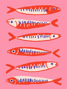 Colorful illustration of six stylized fish arranged in a row. The fish are red with blue and white stripes against a pink background.