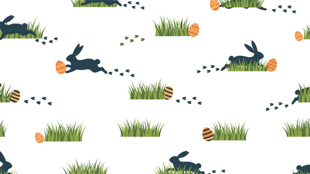 Playful Easter pattern with dark blue rabbit silhouettes running through grass with orange patterned eggs.