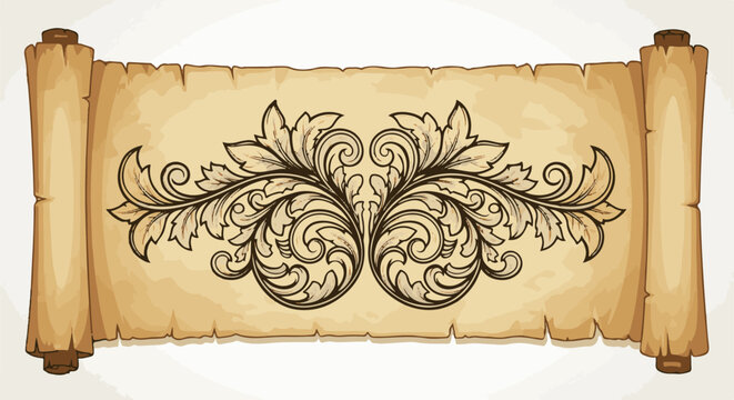 Antique parchment scroll with intricate ornamental flourish and wooden end caps