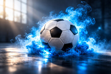 Obraz premium Spectacular soccer ball surrounded by blue smoke effects in action