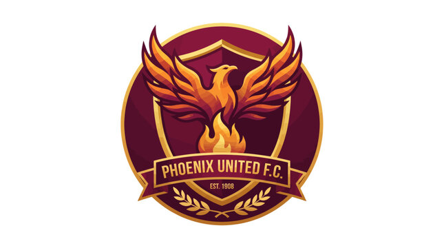 Powerful and dynamic vector sports emblem featuring a mythical phoenix with outstretched wings rising from fiery flames, symbolizing strength and resilience