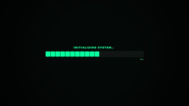 Digital loading bar advances with a slow motion panning movement across a dark glowing interface featuring premium cinematic updates and data status