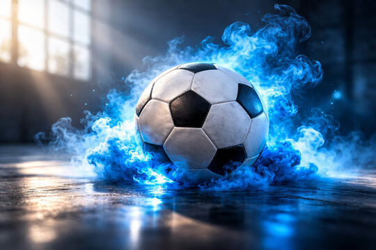 Spectacular soccer ball surrounded by blue smoke effects in action