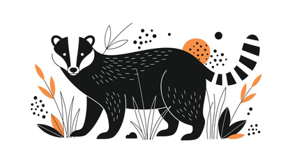 Naklejka premium Stylized black and white badger standing in a grassy field with orange foliage and abstract dot patterns on a white background.