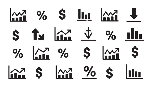 Financial Data and Business Growth Icons with Charts and Currency Symbols