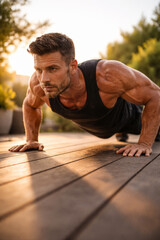 Obraz premium Fit man performing push-ups in a beautiful outdoor setting