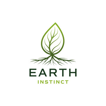 Displays the earth instinct logo with a leaf and roots. Suitable for ecofriendly branding, environmental campaigns, sustainable products, and naturethemed designs.