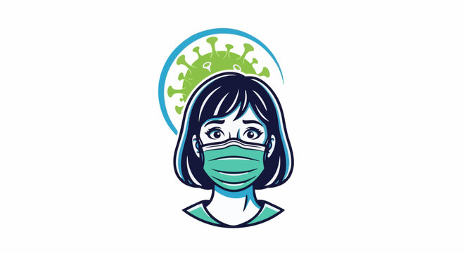 Anxious person with mask, virus symbol in halo, pandemic fear