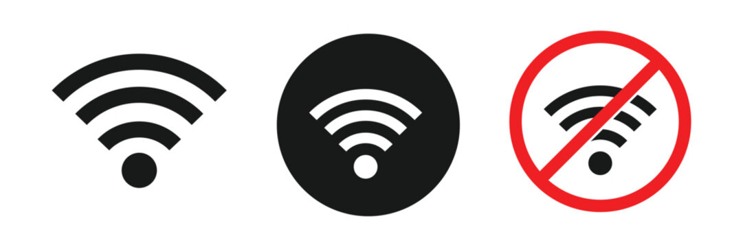 WiFi signal icon set with forbidden symbol, no internet access warning vector illustration