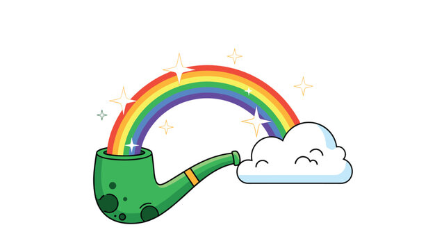 Whimsical vector illustration of a green smoking pipe emitting a colorful rainbow that ends in a soft white cloud with sparkling stars.