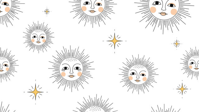 Mystical seamless pattern featuring suns with human faces, long rays, and golden stars in a traditional celestial and bohemian style.