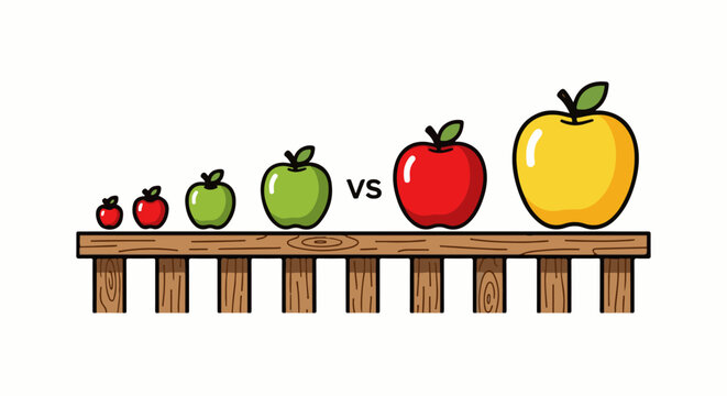 Apples of varying sizes and colors arranged on a wooden surface, showing a "vs" comparison