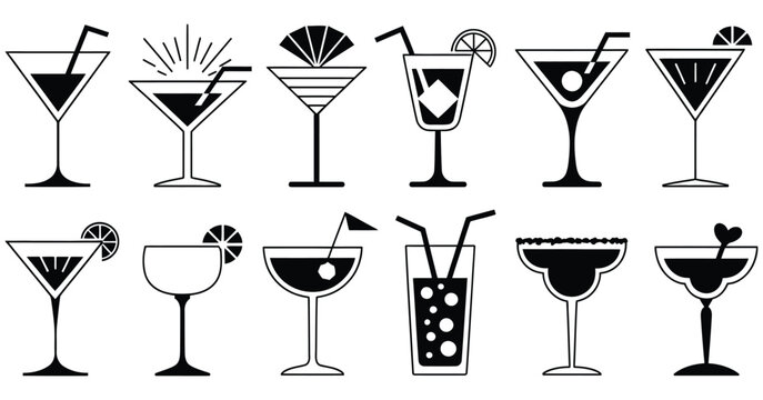 Art Deco Cocktail Glasses Vector Set, Gold Accented Drink Illustrations, Elegant Vintage Barware Design, Luxury Beverage Icons for Menu, Party, Branding, Gatsby Style Graphic Collection