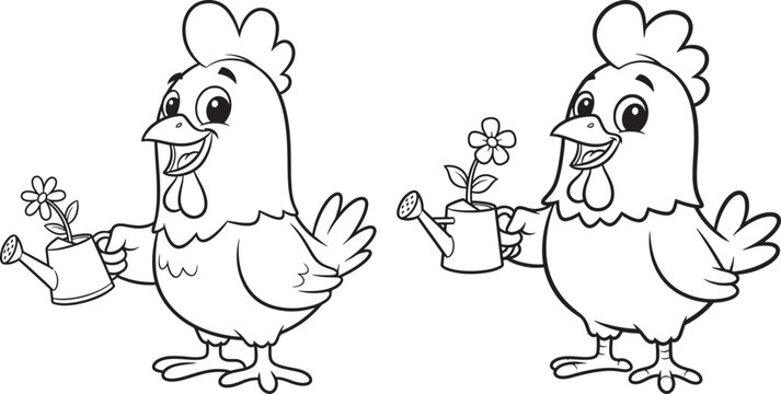 Two cartoon chickens holding watering cans with flowers black and white watering can white background animal art hand drawn line art chickens illustration gardening character isolated